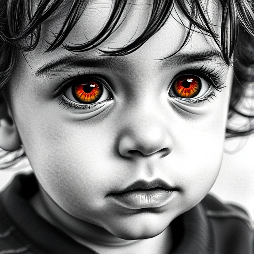 A hyperdetailed photorealistic black and white sketch of a beautiful toddler with deep red eyes, with a macro focus