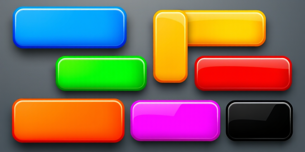 Create a vibrant digital image of eight glossy rectangular buttons in a grid layout, each button featuring a different solid color: blue, orange, yellow, green, red, pink, purple, and black, with soft gradients and highlights to enhance depth, shot using a high-resolution digital camera at f/4 aperture, ISO 100, 1/125 sec shutter speed, with a 50mm lens from a straight-on view and soft lighting to ensure clarity and vibrancy.