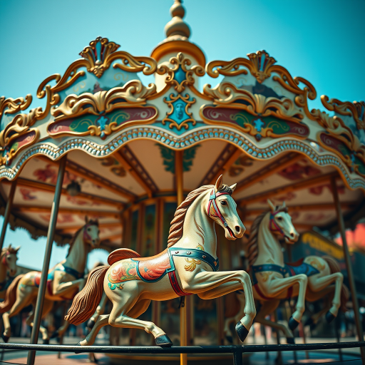 Capture a high-resolution image of a vintage carousel featuring intricately painted horses, use a Canon EOS R5 with a 50mm f/1.2 lens, aperture set to f/2.8 for a shallow depth of field, shot from a low angle to emphasize the carousel's height, in bright natural light to enhance colors and details.