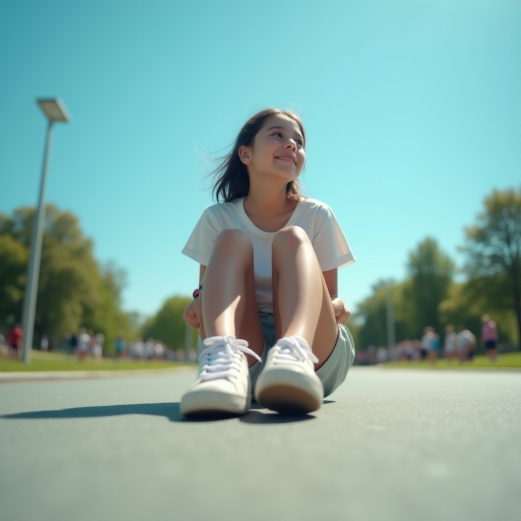 Generate an ultra-realistic, highly detailed, high-definition photograph. It's a photo of a girl sitting on the floor. She's looking at the horizon. The photo is taken from the bottom up, at ground level. The girl's sneakers are in the foreground, in the center of the scene. The girl is wearing light clothes, a t-shirt and short shorts. The sky is blue. Bright environment. The background is a blurred image of a park.