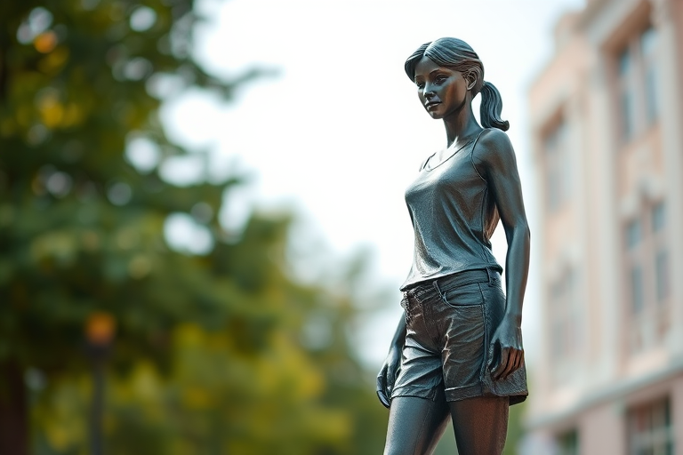 Capture a high-resolution image of a bronze statue of a standing female figure in casual attire, using a DSLR camera with a 50mm lens, aperture set to f/1.8, ISO 100, natural lighting, slight angle view for depth, and a soft focus background to enhance the subject.