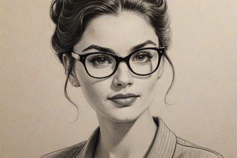 Gorgeous Monica Barbaro, pencil sketch, portrait of Stunning woman 1950s in glasses, hair style beatnik, outline, clear lines, fine lines, 8k