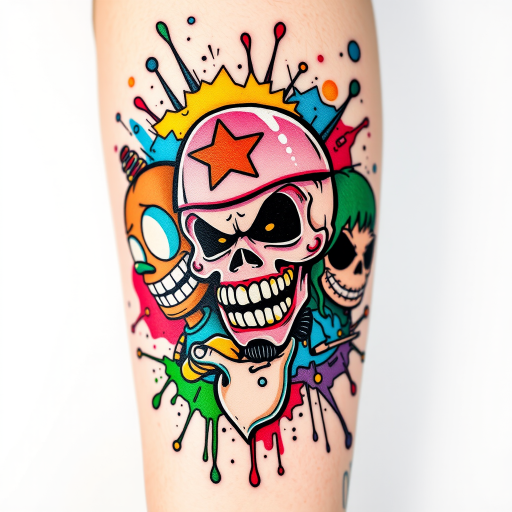 New school graffiti tattoo with bold, cartoonish characters and vibrant color splashes, incorporating elements of street art and pop surrealism for a dynamic and playful design