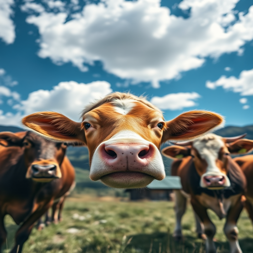 Create an image of a close-up of cows in a mountainous landscape with a barn in the background under a blue sky with fluffy clouds, using a DSLR camera at f/8 aperture, ISO 200, shutter speed 1/250s, wide-angle lens effect for depth, capturing vibrant colors and sharp detail.