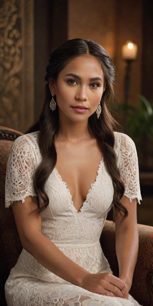 Create a portrait of a refined and elegant Native American woman seated in a sophisticated setting. She has long, wavy hair styled in two thick braids that are pulled over her shoulders. She wears a white, lace gown with intricate patterns, featuring a deep V-neckline and short sleeves. The dress exudes a vintage charm with its delicate lacework. She is adorned with ornate, dangling earrings that add a touch of glamour to her appearance. The background is softly lit, with warm, ambient lighting that creates a cozy and inviting atmosphere. Her expression is poised and serene, capturing a sense of grace and elegance.