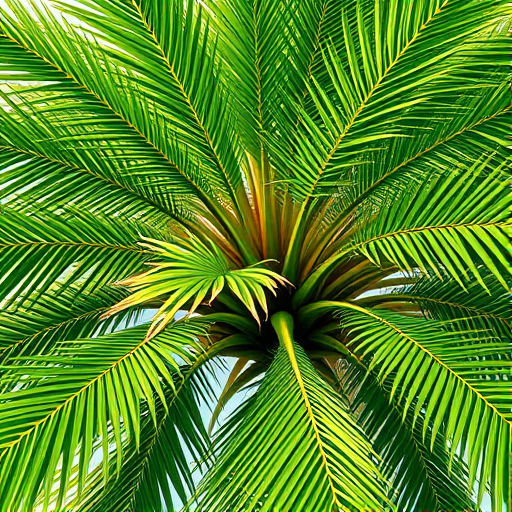 Create a detailed illustration of a green palm tree with a vibrant gradient, captured with a DSLR camera at f/2.8 aperture, ISO 100, and a 50mm lens, using a macro view to emphasize texture and detail, in natural daylight for enhanced color accuracy.