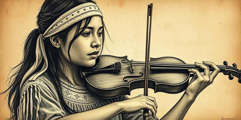 a young First Nations woman with a white headband playing a violin, in the style of a charcoal drawing, sepia grunge background