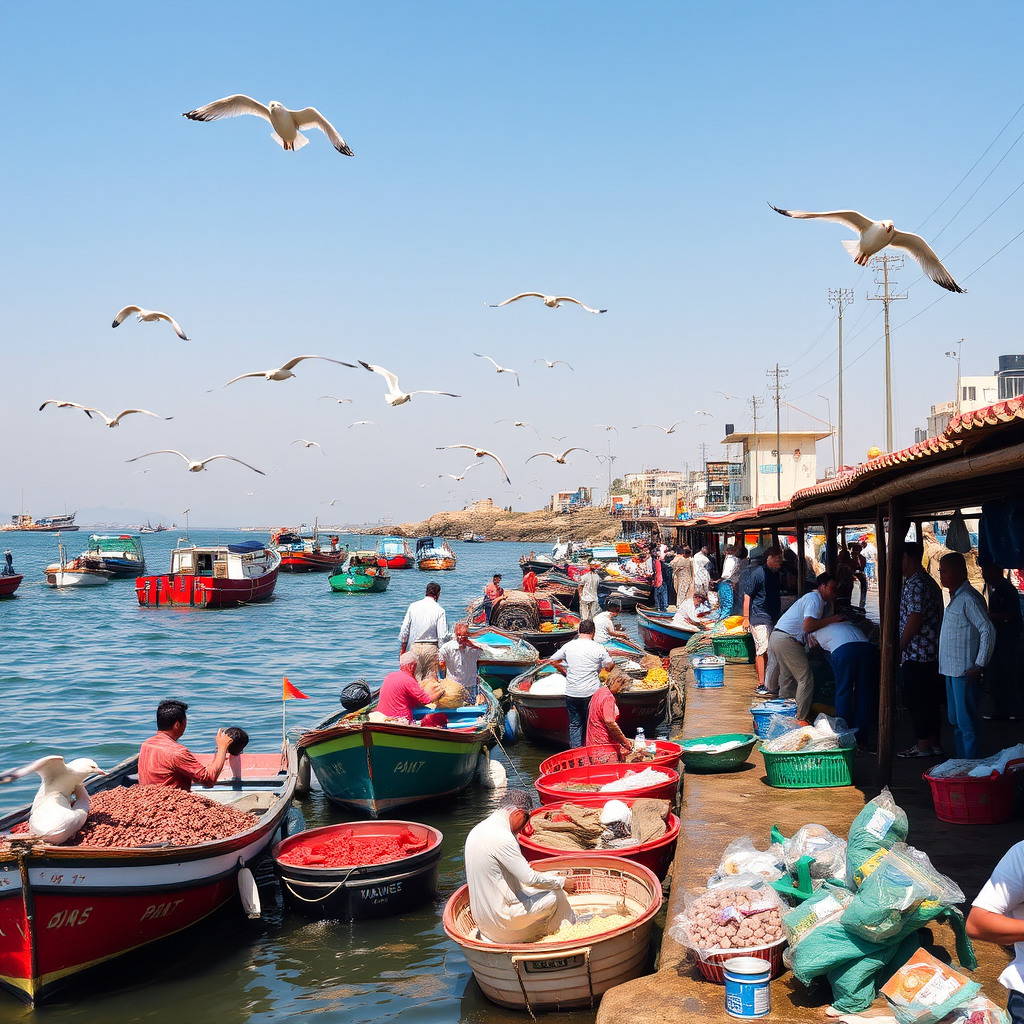 Bustling port during a sunny day, fishermen unloading their catches, colorful boats bobbing in the water, and seagulls flying overhead, creating a lively atmosphere.