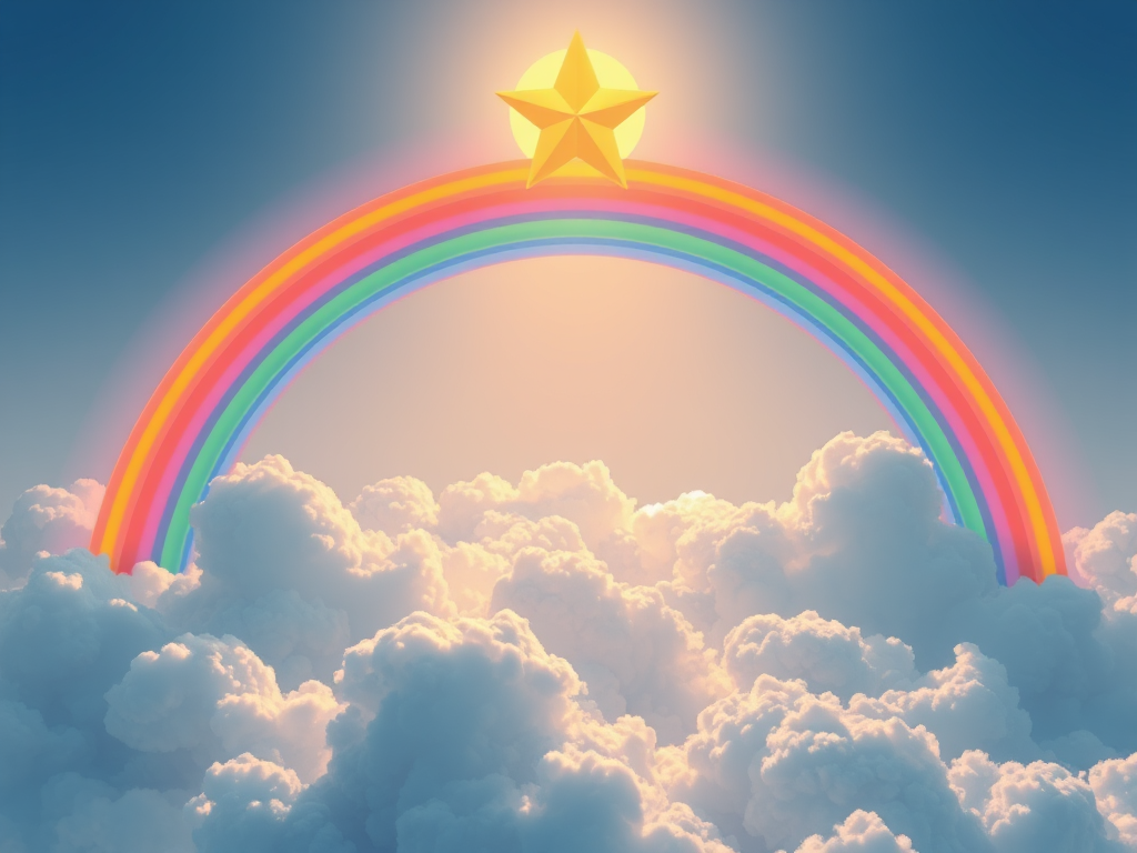 Generate a vibrant illustration of a rainbow arched over fluffy clouds with a large golden star at its peak, using a digital art style with high-resolution rendering, 4K quality, soft lighting effect, and a wide-angle view.