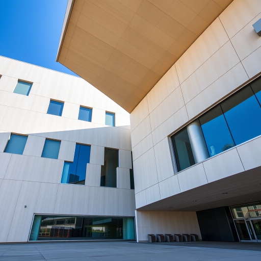 Capture an architectural shot of a modern building featuring a geometric facade and a unique angled overhang, shot at a 24mm focal length, f/8 aperture, ISO 200, in bright daylight, using a DSLR camera with HDR settings for enhanced contrast and color vibrancy.