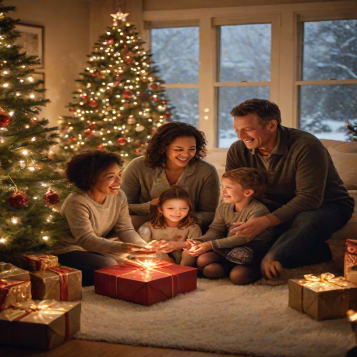 Warm, softly lit image of a family gathered around a Christmas tree, soft glow from the lights reflecting off ornaments, laughter and conversation filling the room, presents stacked under the tree, a soft snowfall visible outside the window behind them.
