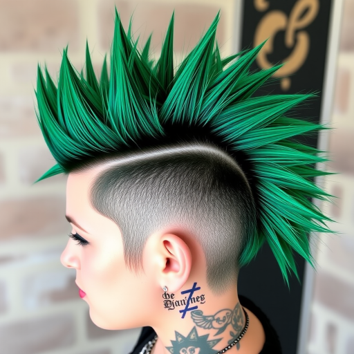 Striking faux hawk in deep emerald green, styled with textured spikes and shaved sides adorned with metallic temporary tattoos, exuding edgy punk rock vibes