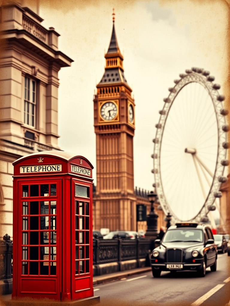vintage postcard of London with Big Ben, London Eye, red telephone box, and black taxi cab, warm earthy tones, soft focus background, 50mm lens, f/2.8 aperture, ISO 100, natural lighting, shot from a slightly elevated angle, DSLR camera