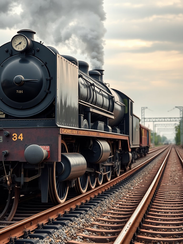 regenerate a detailed image of a classic steam locomotive on a railway track, camera settings: aperture f/8, shutter speed 1/250 sec, ISO 100, camera view: side profile, camera style: high-definition, camera type: DSLR