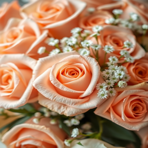 close-up shot of a lush arrangement of peach and white roses with delicate white flowers, soft natural lighting, aperture f/2.8, shutter speed 1/60s, ISO 200, DSLR camera with macro lens, shallow depth of field