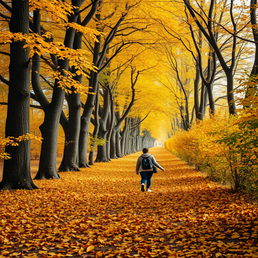 Capture a serene autumn scene featuring a person walking down a leaf-covered path flanked by tall trees with vibrant yellow leaves, using a DSLR camera with a 50mm lens, aperture set at f/2.8 for a shallow depth of field, ISO 100 for clarity, and a shutter speed of 1/200s to freeze the motion, in natural light for enhanced vivid colors and contrast.