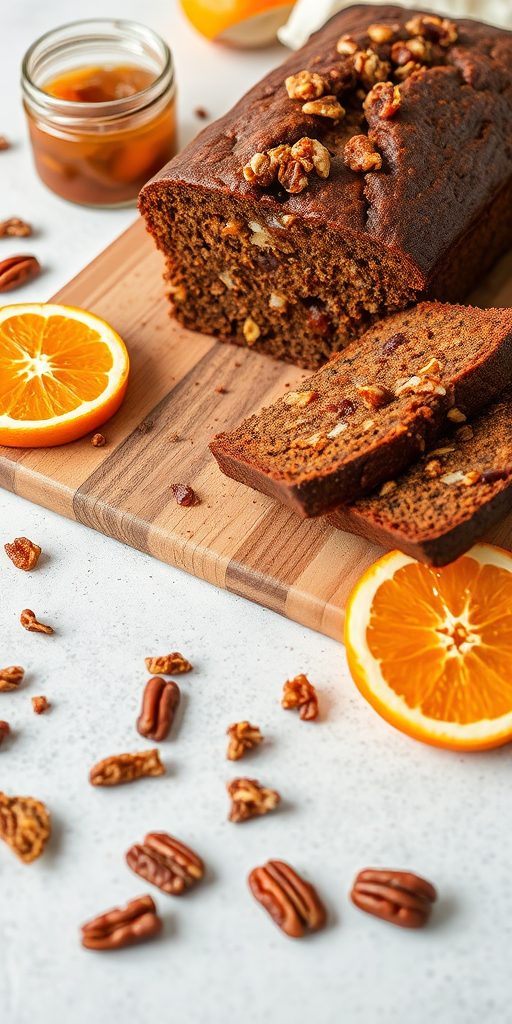 A beautifully styled image of a loaf cake with a rich, dark texture featuring nuts and dried fruits sliced on a wooden board surrounded by orange slices and dried apple chips with a small jar of fruit jam in the background and scattered pecans on a light gray surface.