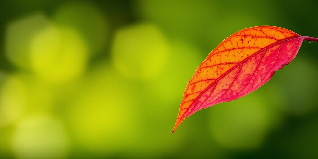 macro shot of a vibrant red and orange leaf against a blurred green background, f/2.8 aperture, ISO 100, 100mm lens, natural light, DSLR camera