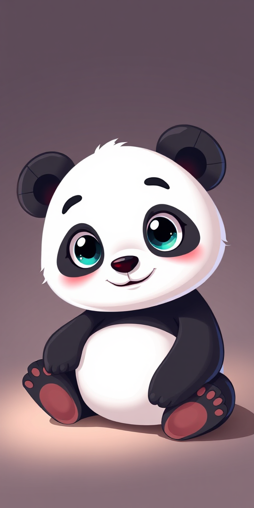 Create a cute cartoon panda character sitting down with big eyes and a playful expression, soft lighting, 50mm lens, f/2.8, ISO 100, shallow depth of field, studio lighting setup, high-resolution digital illustration.