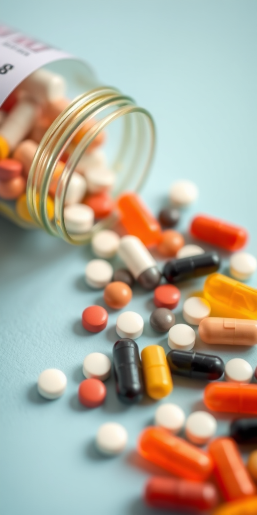 photograph of assorted pills spilled from a bottle on a light blue background, shallow depth of field, aperture f/2.8, ISO 200, 50mm lens, soft natural lighting, close-up view, DSLR camera