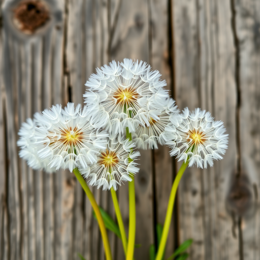 Regenerate an artistic image of delicate dandelions against a weathered wooden background, using a DSLR camera with a 50mm lens, aperture f/2.8, ISO 100, natural lighting, top-down view, and shallow depth of field for enhanced focus on the flowers.