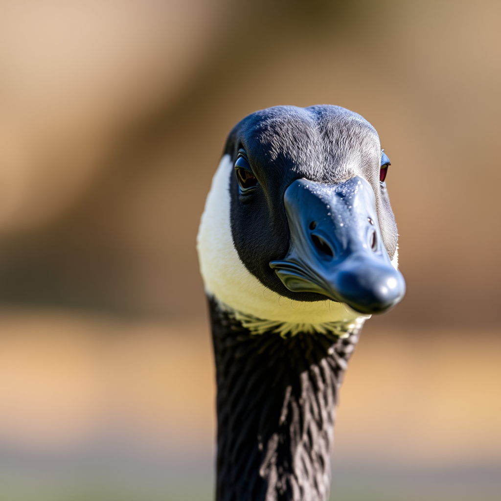 close-up of a Canada goose with a blurred background, sharp focus on the head, natural lighting, f/2.8 aperture, ISO 200, shutter speed 1/500s, DSLR camera, macro lens, shallow depth of field