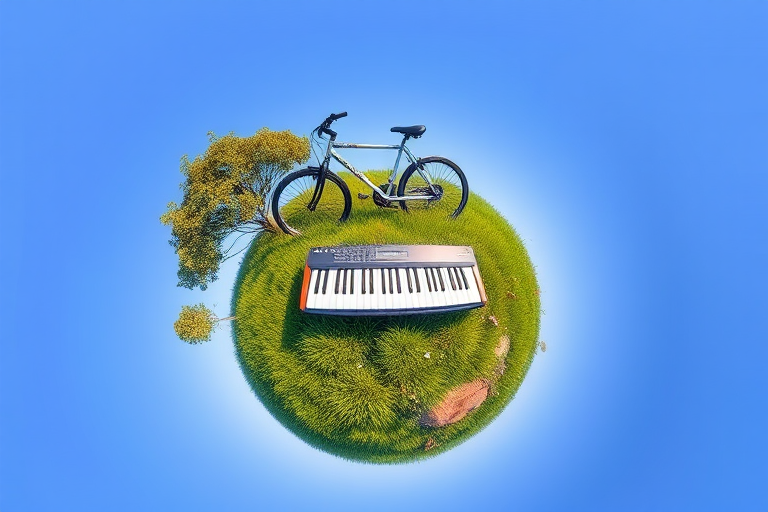 A small, lush green planet with a bicycle and a keyboard placed on it, surrounded by a clear blue sky, captured with a DSLR camera at f/2.8, ISO 100, 24mm lens, in a wide-angle view for enhanced depth and vibrant colors.