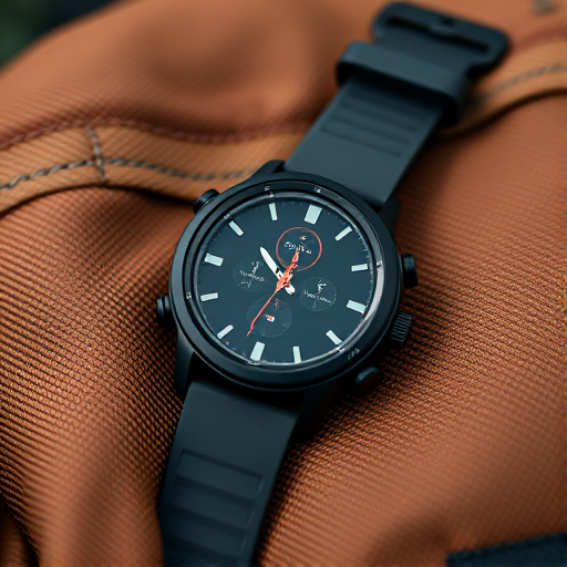 Close-up shot of a black digital watch resting on a textured brown backpack, use a 50mm lens, aperture f/1.8, shutter speed 1/250s, ISO 100, natural light, macro photography style, full-frame DSLR camera.