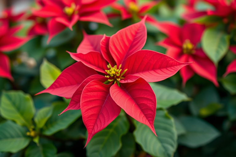 Create a high-resolution image of a poinsettia flower with vibrant red leaves and lush green foliage, captured using a DSLR camera at f/2.8 aperture, ISO 100, 50mm lens, with a shallow depth of field and natural lighting for enhanced color contrast.