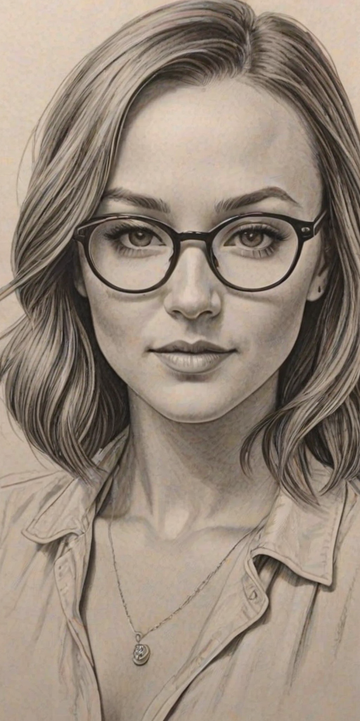 Dazzling Briana Evigan, pencil sketch, portrait of Bewitching woman 1941s in glasses, hair style beatnik, outline, clear lines, fine lines, 8k