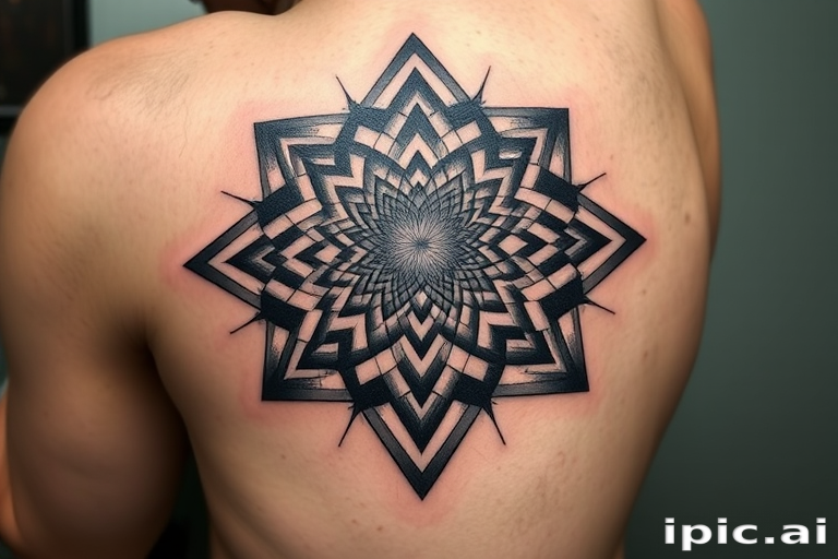Mesmerizing optical illusion tattoo called "Dimensional Shift" that plays with perspective and visual perception. Intricate geometric patterns and shading techniques create the illusion of depth, movement, and three-dimensionality on the flat surface of the skin. Black and grey ink is used exclusively, enhancing the graphic impact of the mind-bending design.