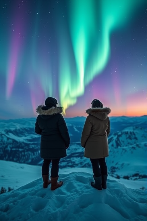 create a surreal landscape of two figures in fur coats standing on a snowy mountain, gazing at the vibrant aurora borealis lighting up the night sky, captured with a Canon EOS R5, 24mm lens, f/2.8 aperture, ISO 800, at twilight, with a focus on enhancing the colors and details of the northern lights.