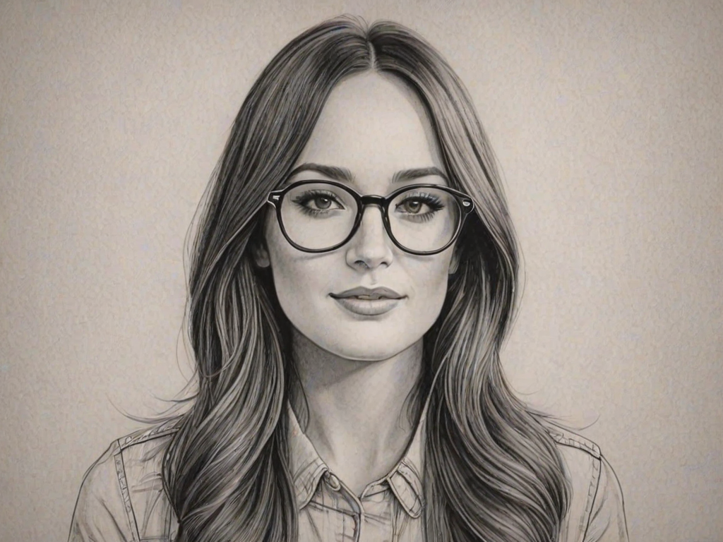 Magnificent Kacey Musgraves, pencil sketch, portrait of Radiant woman 1971s in glasses, hair style beatnik, outline, clear lines, fine lines, 8k