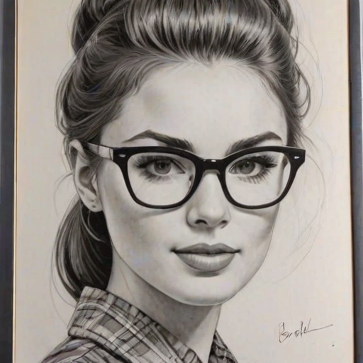 Dazzling Demi Burnett, pencil sketch, portrait of Lovely woman 1961s in glasses, hair style beatnik, outline, clear lines, fine lines, 8k