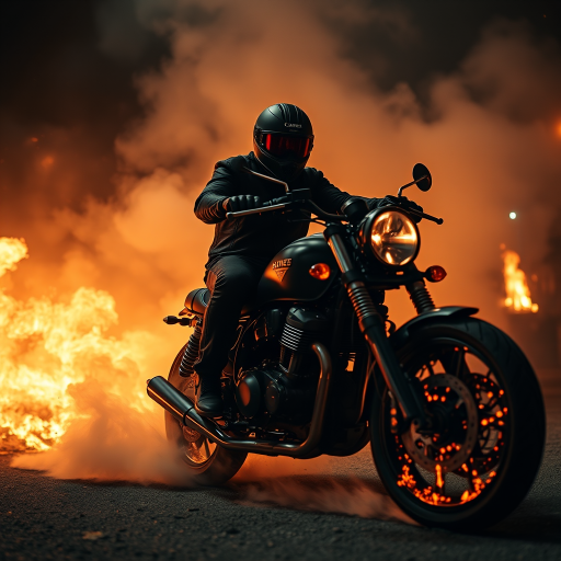Regenerate a high-contrast, dramatic scene featuring a biker on a motorcycle surrounded by flames and smoke, shot with a Canon EOS R5, 50mm lens, f/1.8 aperture, ISO 100, in a low-angle view to emphasize the intensity of the action and convey a cinematic style.