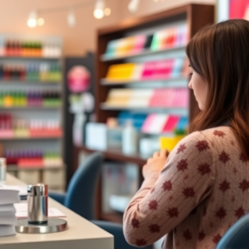 Capture a high-quality image of a nail salon scene with a focus on a customer having their nails done, using a Canon EOS R5 with a 24-70mm f/2.8 lens, aperture set to f/4 for depth of field, ISO 200 for clarity, and natural lighting for a bright and inviting atmosphere, emphasizing the colorful nail polish display in the background.