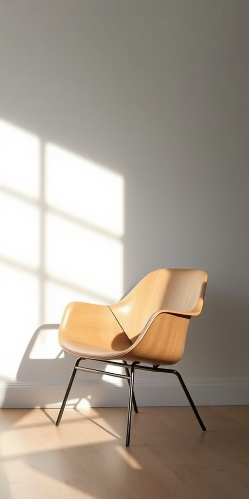 a modern minimalistic chair in a well-lit room with soft shadows, taken with a Canon EOS R5, 50mm f/1.2 lens, aperture f/2.8, ISO 100, with a slight tilt-shift effect to enhance perspective depth and clarity