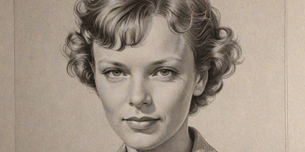 Alluring Amelia Earhart, pencil sketch, portrait of Resplendent woman 1947s in glasses, hair style beatnik, outline, clear lines, fine lines, 8k