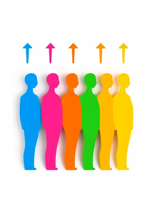 Create a minimalist vector illustration featuring five stylized human figures in a row, each in a different color (blue, pink, orange, green, yellow), facing forward, with arrows indicating motion above their heads, shot with a Nikon D850 at f/8, ISO 100, 50mm lens, with a clean white background and high contrast lighting.