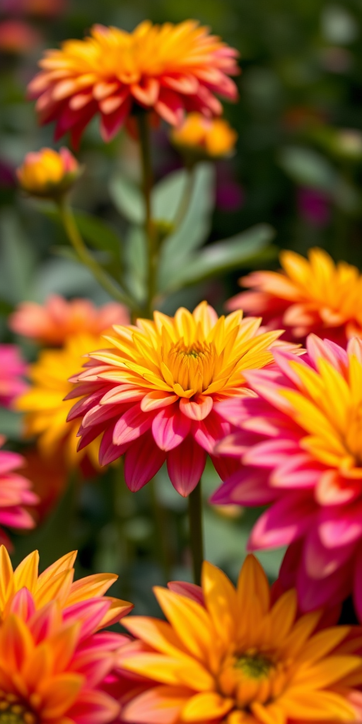Close-up of vibrant dahlia flowers in a garden, with a shallow depth of field, f/2.8 aperture, 50mm lens, ISO 200, soft natural lighting, DSLR camera.