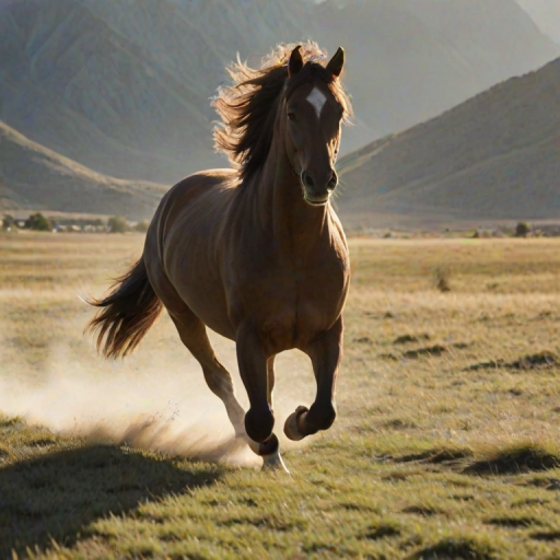 Blurry action shot of a horse galloping through a grassy field, mane flowing in the wind, rider holding the reins tightly, sunlight casting long shadows on the ground, distant mountains in the background, soft dust kicked up by the horse's hooves.