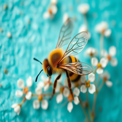 Create an artistic illustration of a bee on a textured turquoise background with delicate white floral elements, using a Canon EOS 5D Mark IV with a 50mm f/1.8 lens at f/4, ISO 100, 1/125 sec, capturing intricate details in shallow depth of field.