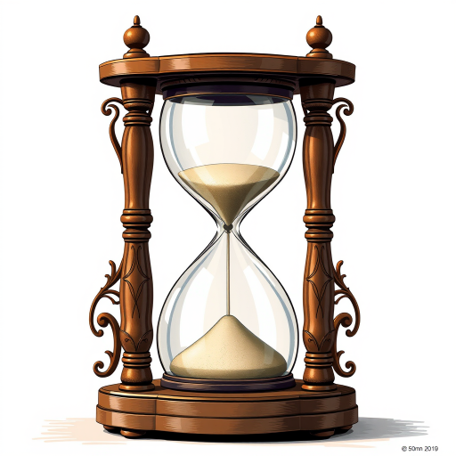 Create a highly detailed and realistic illustration of a classic hourglass with ornate designs on the frame, using a DSLR camera with a 50mm lens, aperture set to f/1.8, ISO 100, and a shallow depth of field to emphasize the hourglass while softly blurring the background.