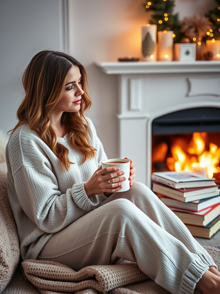Soft-focus image of a woman at a cozy fireplace, wearing soft loungewear, holding a mug of hot chocolate, with a stack of books and a warm blanket nearby, creating a relaxing atmosphere.