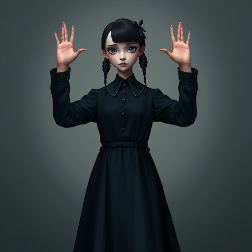 Digital art, full height portrait of Wednesday Addams, standing up with her hands in the air as if in a hold-up. Her dark, gothic attire replaces Alice’s classic blue dress, and she wears black shoes instead of blue. A small, neat black bow adorns her hair, capturing her signature style. The overall composition maintains a whimsical yet eerie tone, similar to Alice in Wonderland, while showcasing Wednesday’s iconic gothic charm.