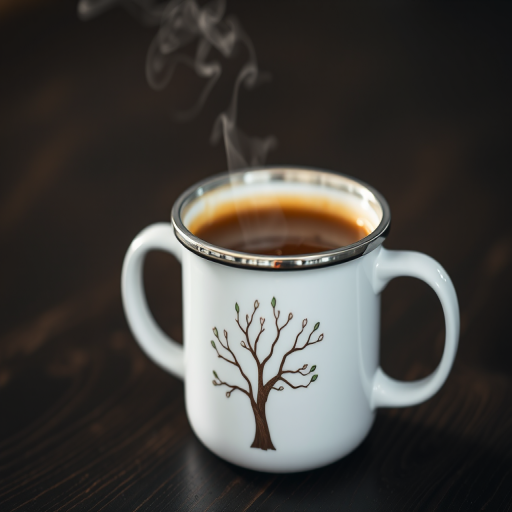 A close-up shot of a steaming white enamel mug with a delicate tree design on a dark wooden surface, captured with a DSLR camera, aperture f/2.8, ISO 100, shutter speed 1/60s, natural light, shallow depth of field.