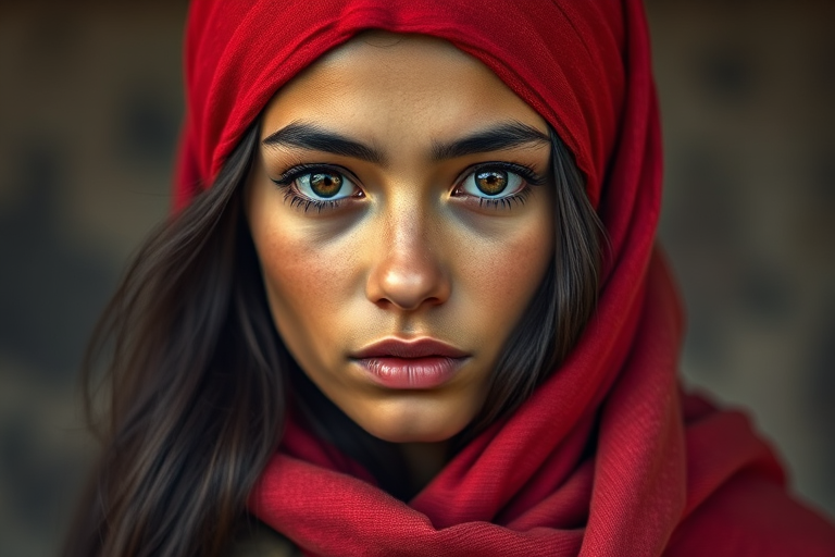 Create a portrait of a young taino woman with long, dark hair and captivating hazel eyes. She is wearing a red headscarf and a matching scarf draped gracefully around her neck. The background is softly blurred, focusing attention on her serene and natural expression. The overall color palette is muted and warm, enhancing the intimate and authentic feel of the portrait.