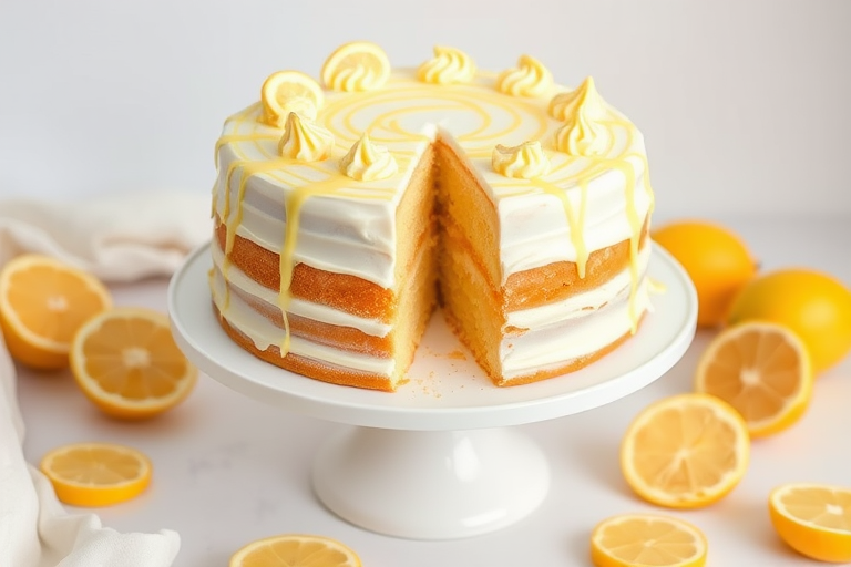 A beautifully decorated lemon cake with yellow and white striped frosting cut into slices on a white cake stand surrounded by lemon wedges and a soft background.