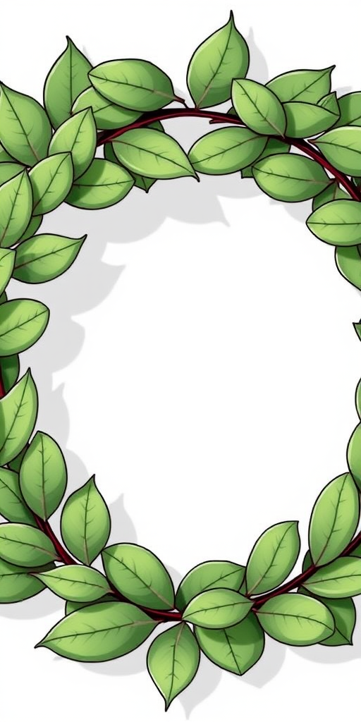 Create a detailed illustration of a laurel wreath with smooth, evenly spaced leaves, using a digital camera with a 50mm lens, aperture set to f/2.8, ISO 100, and natural light to enhance clarity and detail.