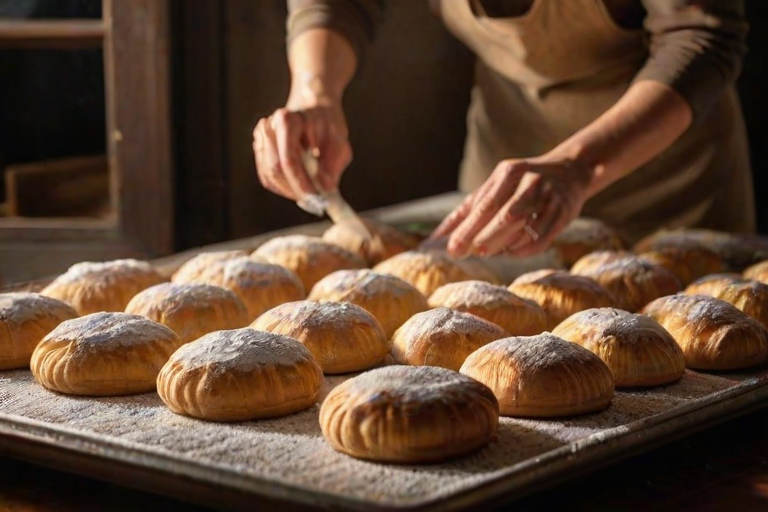 Warm, softly lit image of a baker dusting powdered sugar over freshly baked pastries, soft glow from the oven casting warm shadows, with the smell of vanilla and cinnamon in the air.
